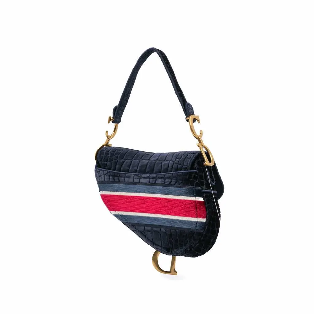 Dior Velvet Embroidered Crocodile Effect Saddle Bag Blue Good - Back View