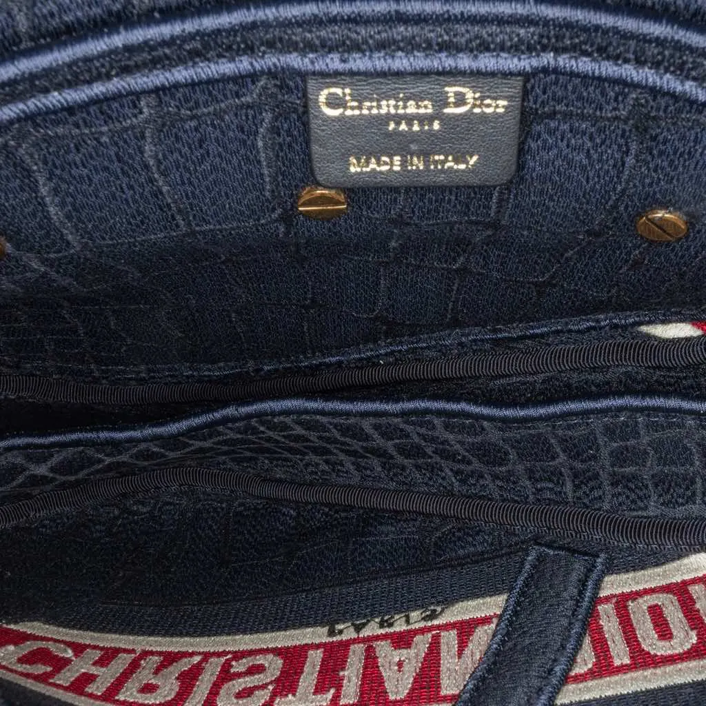 Dior Velvet Embroidered Crocodile Effect Saddle Bag Blue Good - Model View