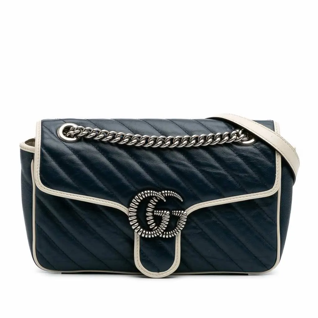 Gucci Small GG Marmont Matelasse Leather Torchon Flap Crossbody Blue Leather Fair - Front View