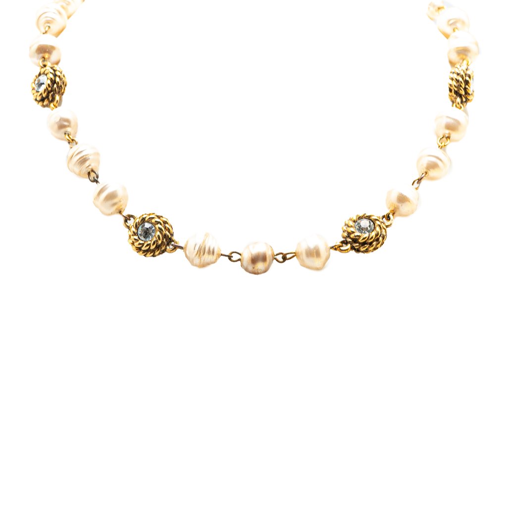 Chanel Gold Plated Rhinestone Faux Pearl Chain Necklace