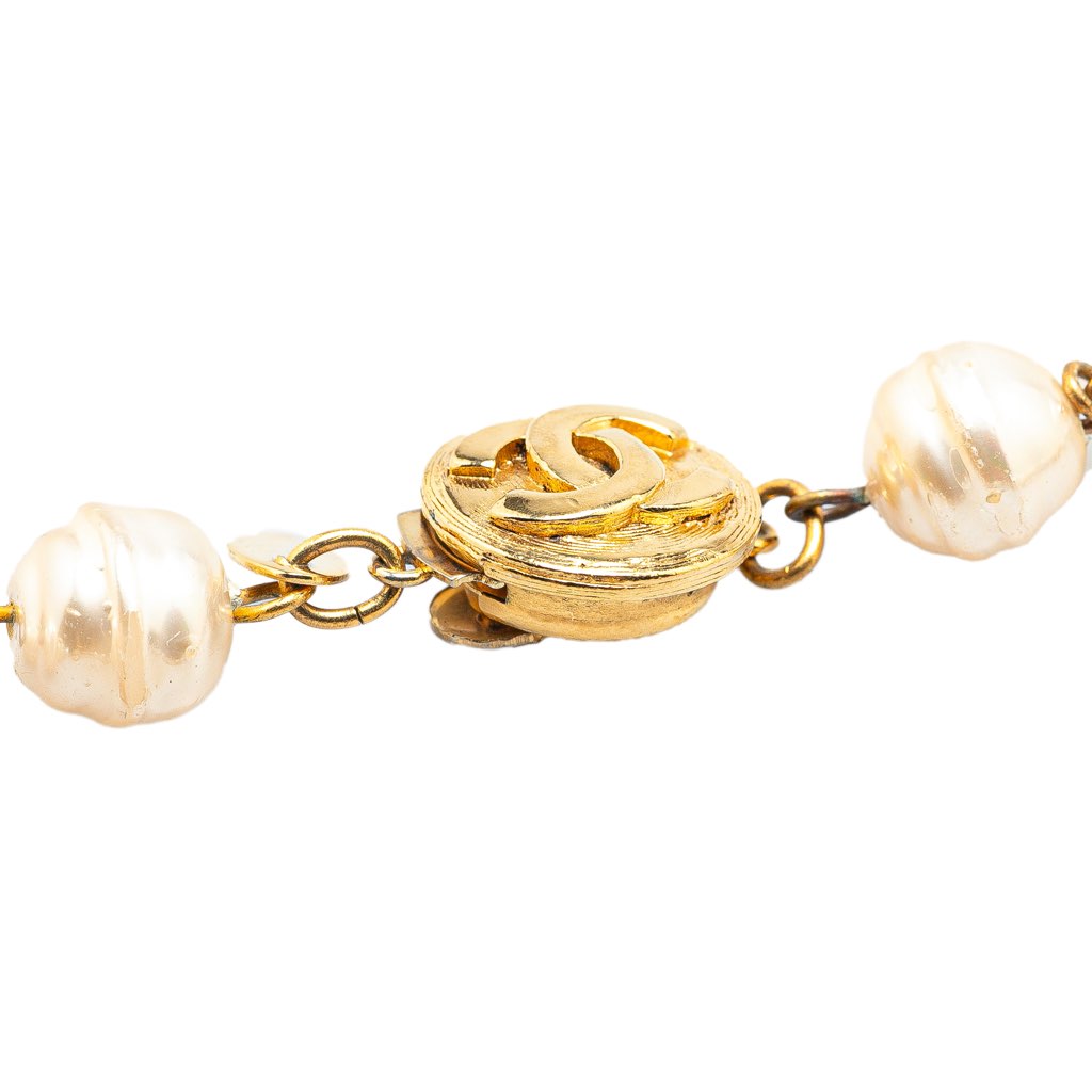 Chanel Gold Plated Rhinestone Faux Pearl Chain Necklace - 3