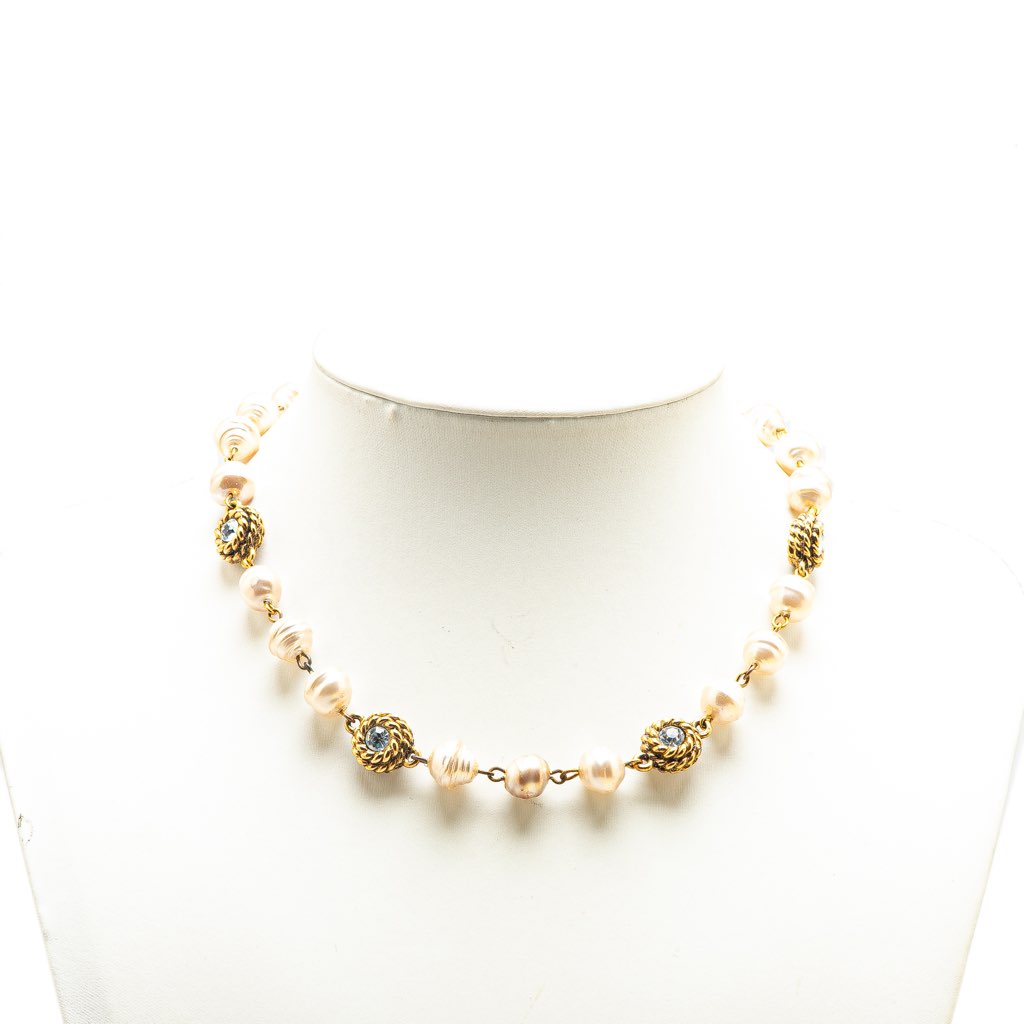 Chanel Gold Plated Rhinestone Faux Pearl Chain Necklace - 5