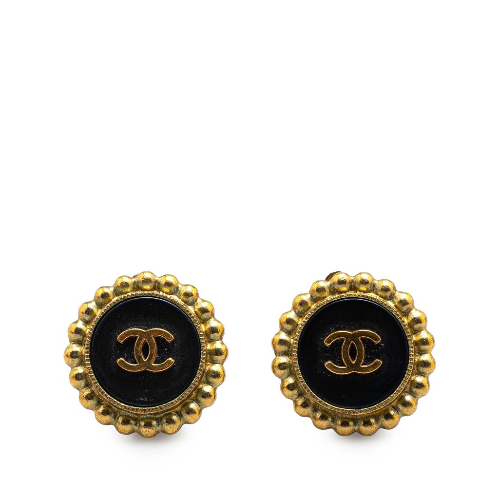 Chanel Gold Plated Acrylic CC Button Clip on Earrings