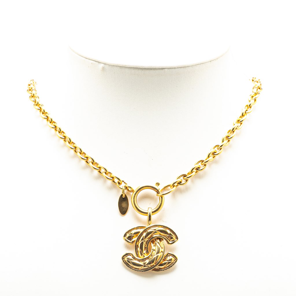 Chanel Gold Plated CC Quilted Pendant Necklace - 5