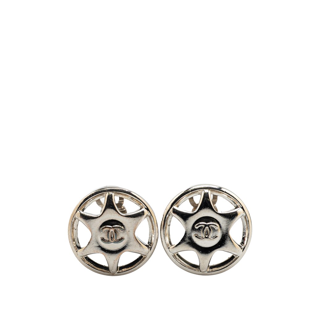 Chanel Silver CC Round Star Clip On Earrings