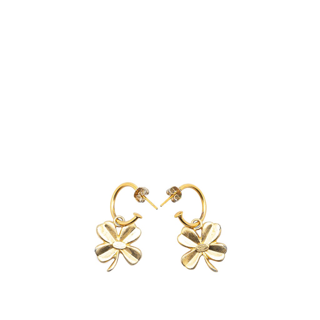 Chanel Gold Plated Clover Hoop Push Back Earrings - 2