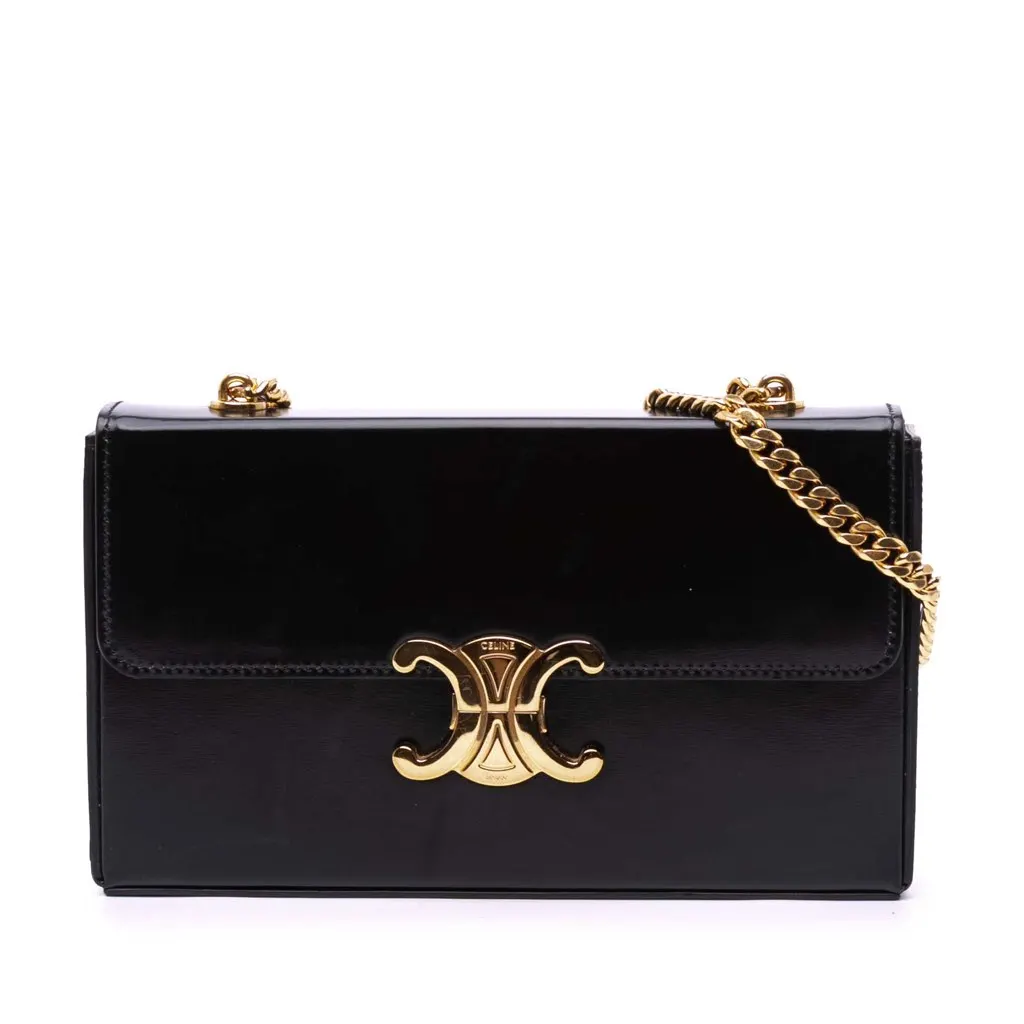 Celine Shiny Calfskin Triomphe Chain Box Shoulder Bag Black Leather Good - Front View