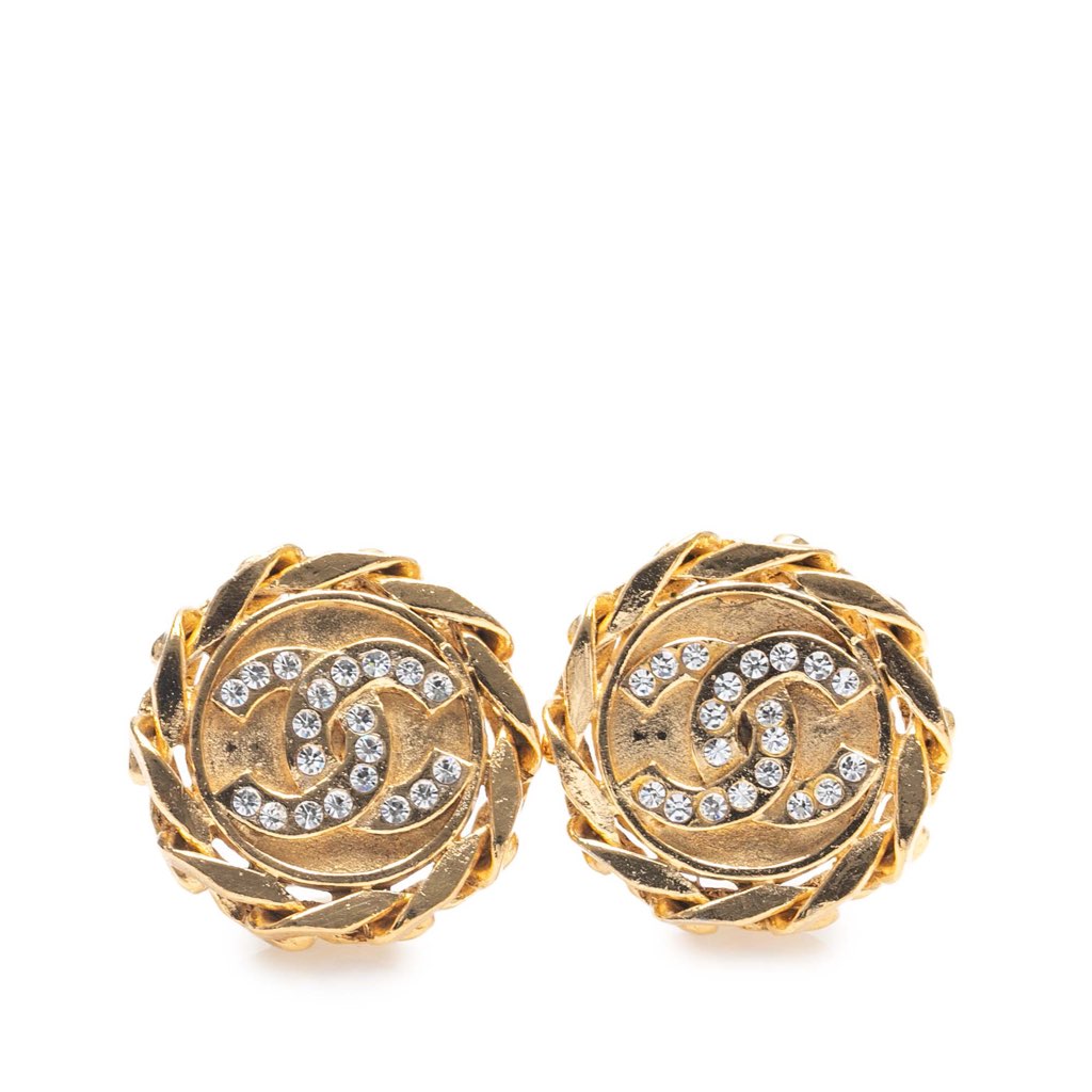 Chanel Gold Plated CC Crystal Clip On Earrings