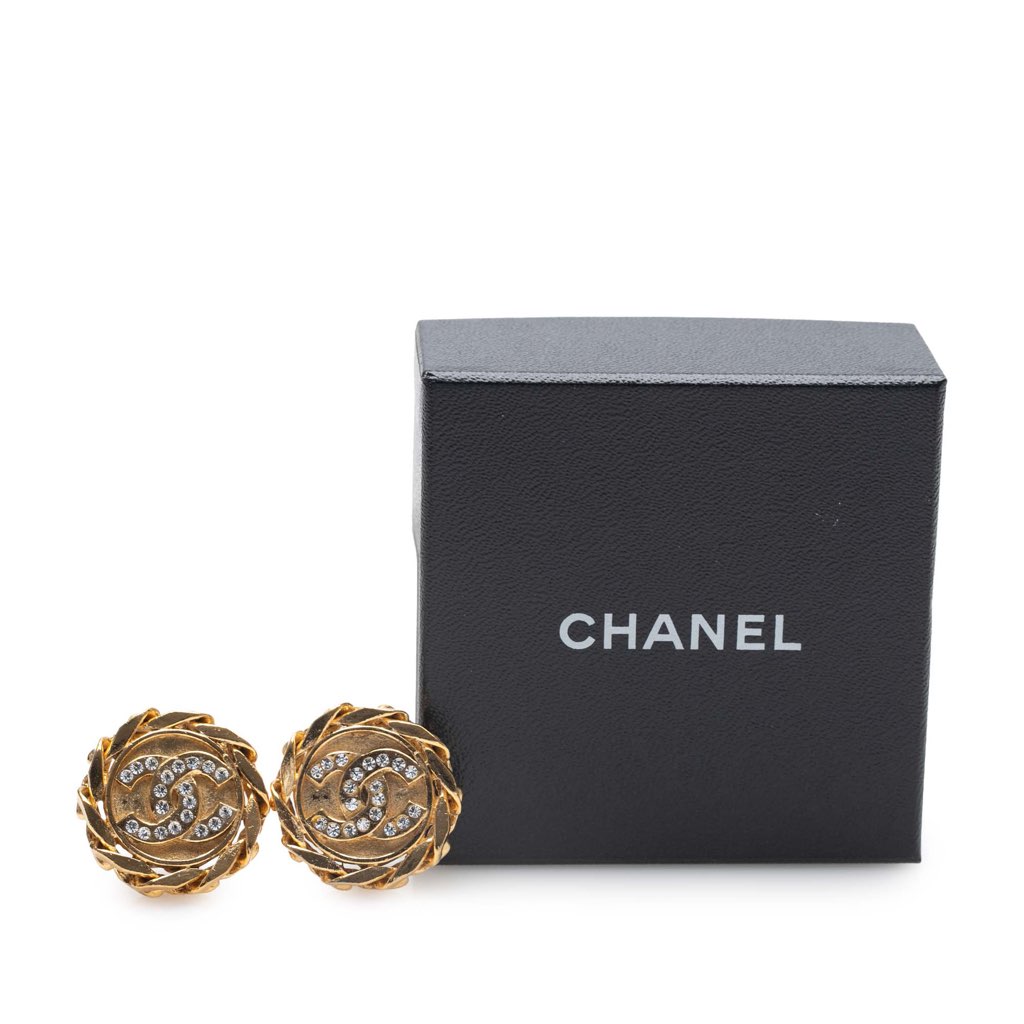 Chanel Gold Plated CC Crystal Clip On Earrings - 4