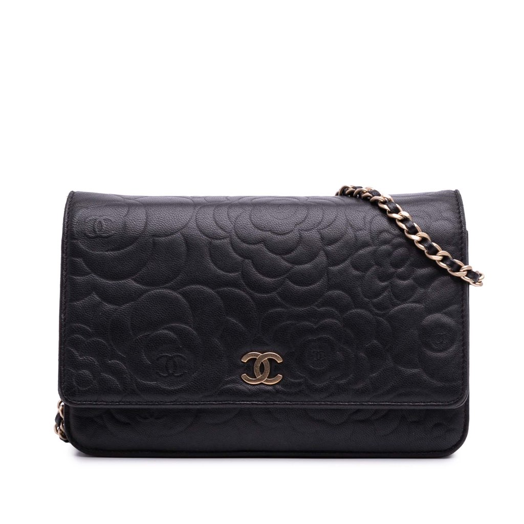 Chanel Lambskin Camellia Embossed Wallet On Chain