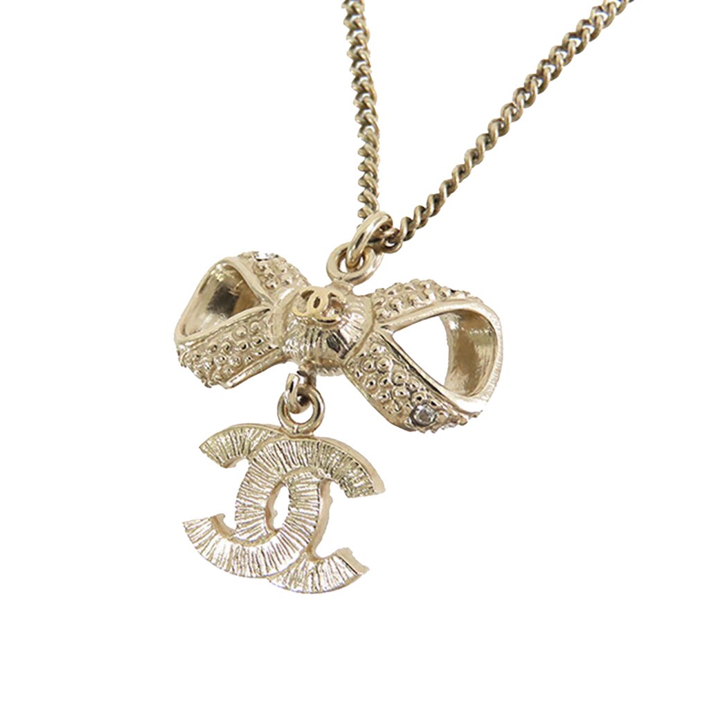 Chanel Gold Plated CC Bow Crystal Pendant Necklace - 2