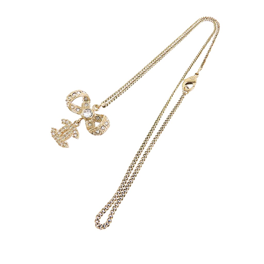 Chanel Gold Plated CC Bow Crystal Pendant Necklace - 3