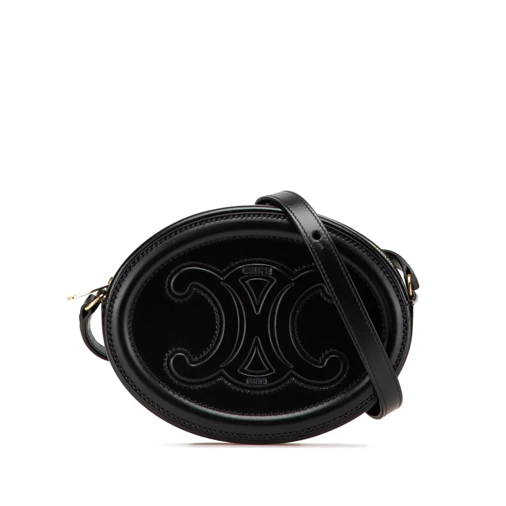 Celine Small Calfskin Cuir Triomphe Oval Crossbody Black Leather Good - Front View