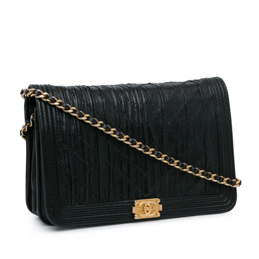 Chanel Pleated Crumpled Chevron Le Boy Wallet On Chain - Back view