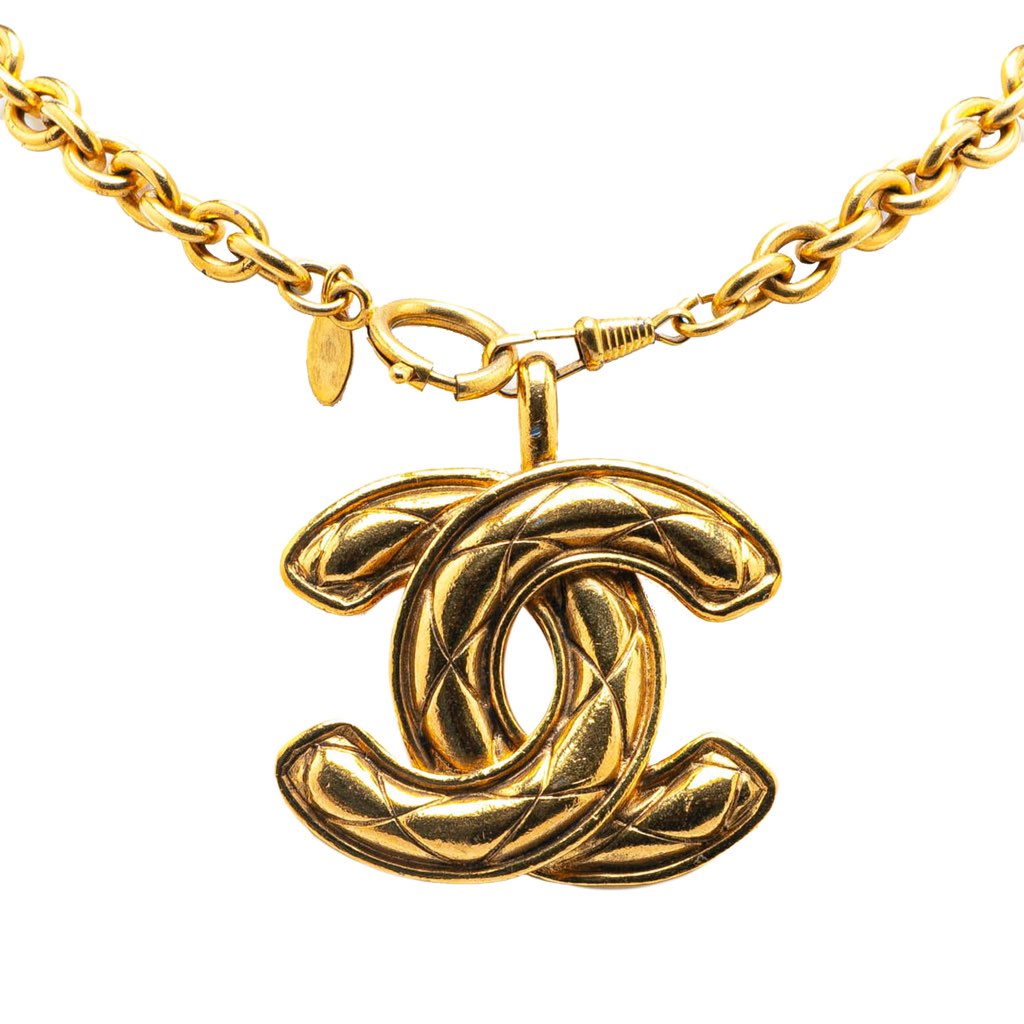 Chanel Gold Plated CC Quilted Pendant Necklace