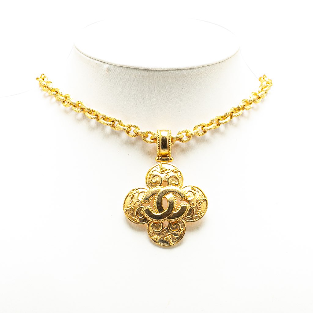 Chanel Gold Plated CC Clover Pendant Necklace - 4