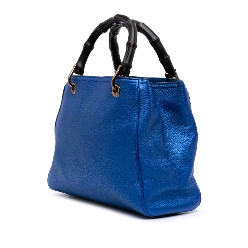Gucci Small Metallic Calfskin Bamboo Shopper Satchel Blue Leather Good - Back View