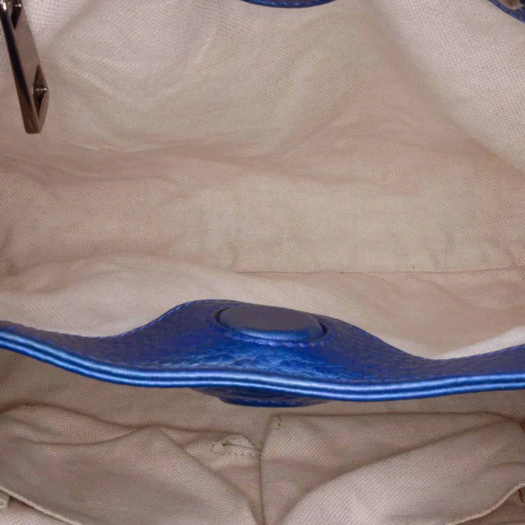 Gucci Small Metallic Calfskin Bamboo Shopper Satchel Blue Leather Good - Model View