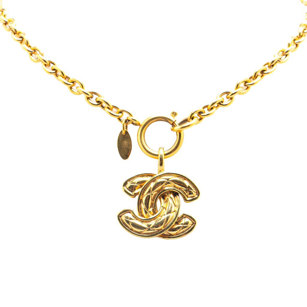 Chanel Gold Plated CC Quilted Pendant Necklace