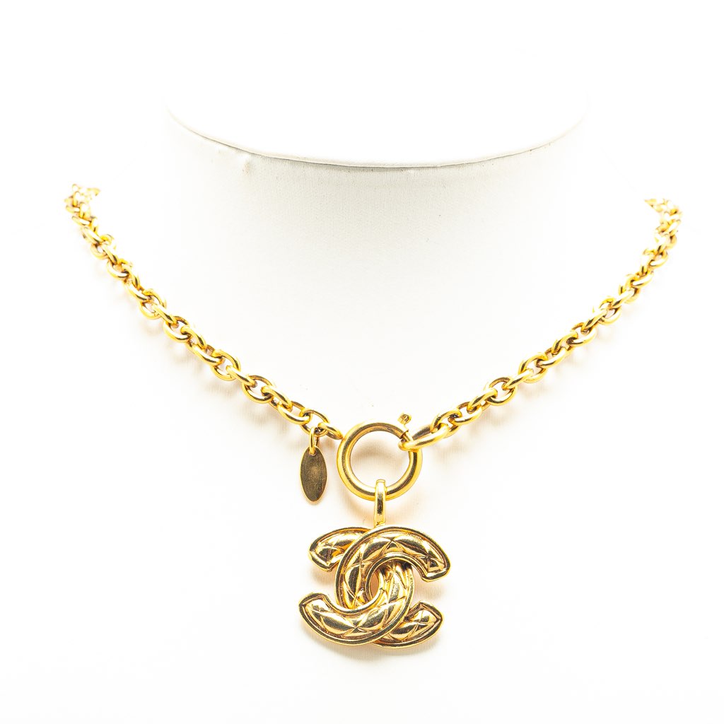 Chanel Gold Plated CC Quilted Pendant Necklace - Side view