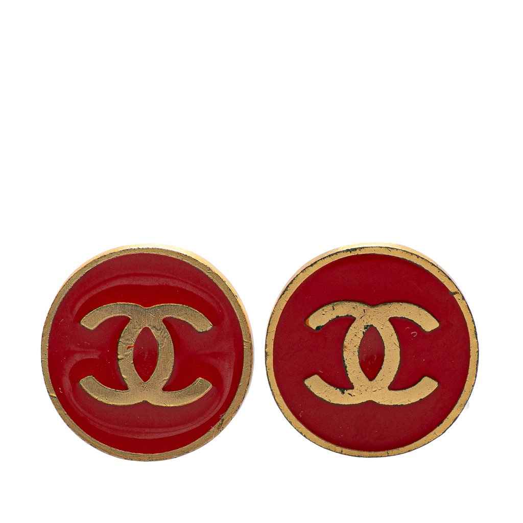 Chanel CC Gold Plated Enamel Button Clip on Earrings