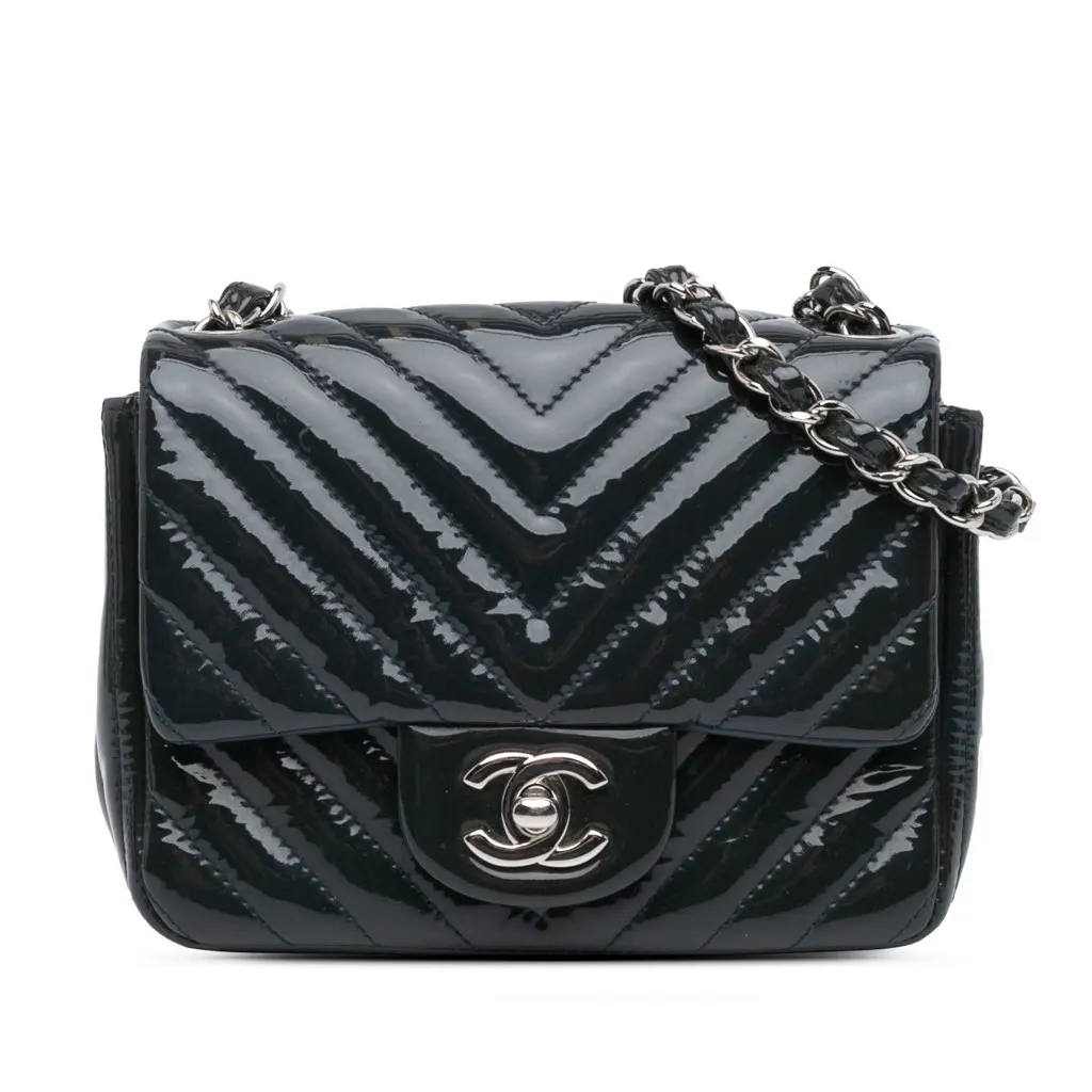 Chanel Mini Square Classic Chevron Patent Flap Blue Leather Very good - Front View