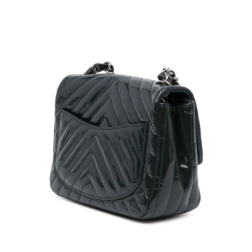 Chanel Mini Square Classic Chevron Patent Flap Blue Leather Very good - Back View
