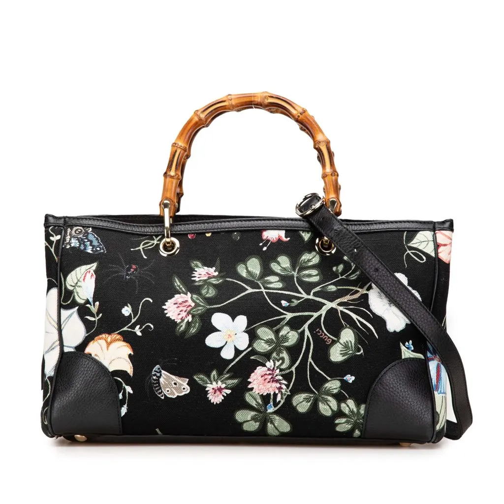 Gucci Medium Canvas Bamboo Shopper Flora Knight Satchel Black Canvas Good - Front View
