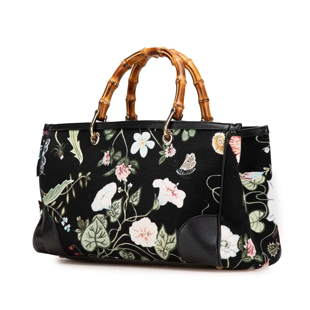 Gucci Medium Canvas Bamboo Shopper Flora Knight Satchel Black Canvas Good - Back View