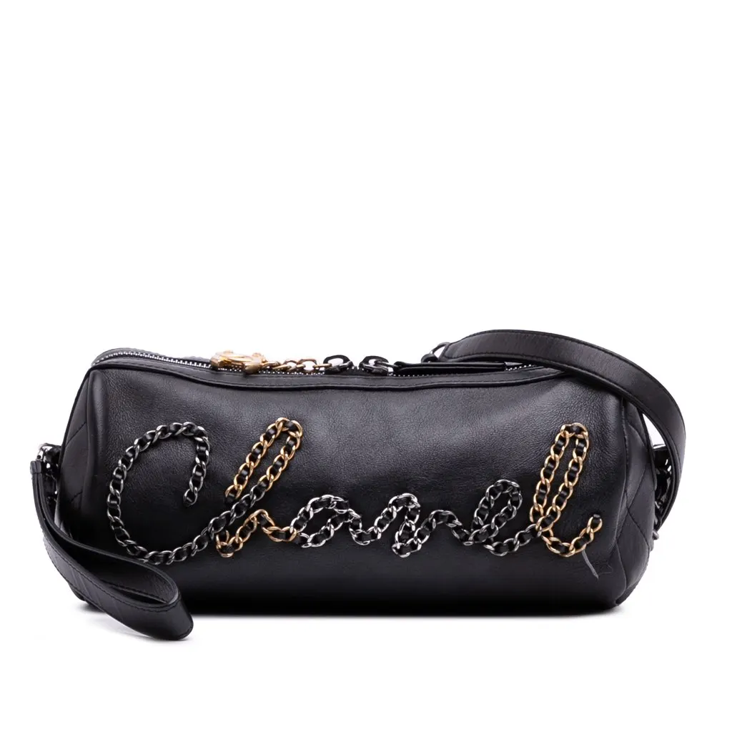 Chanel Calfskin Signature Chain 20s Bowling Bag Black Leather Good - Front View