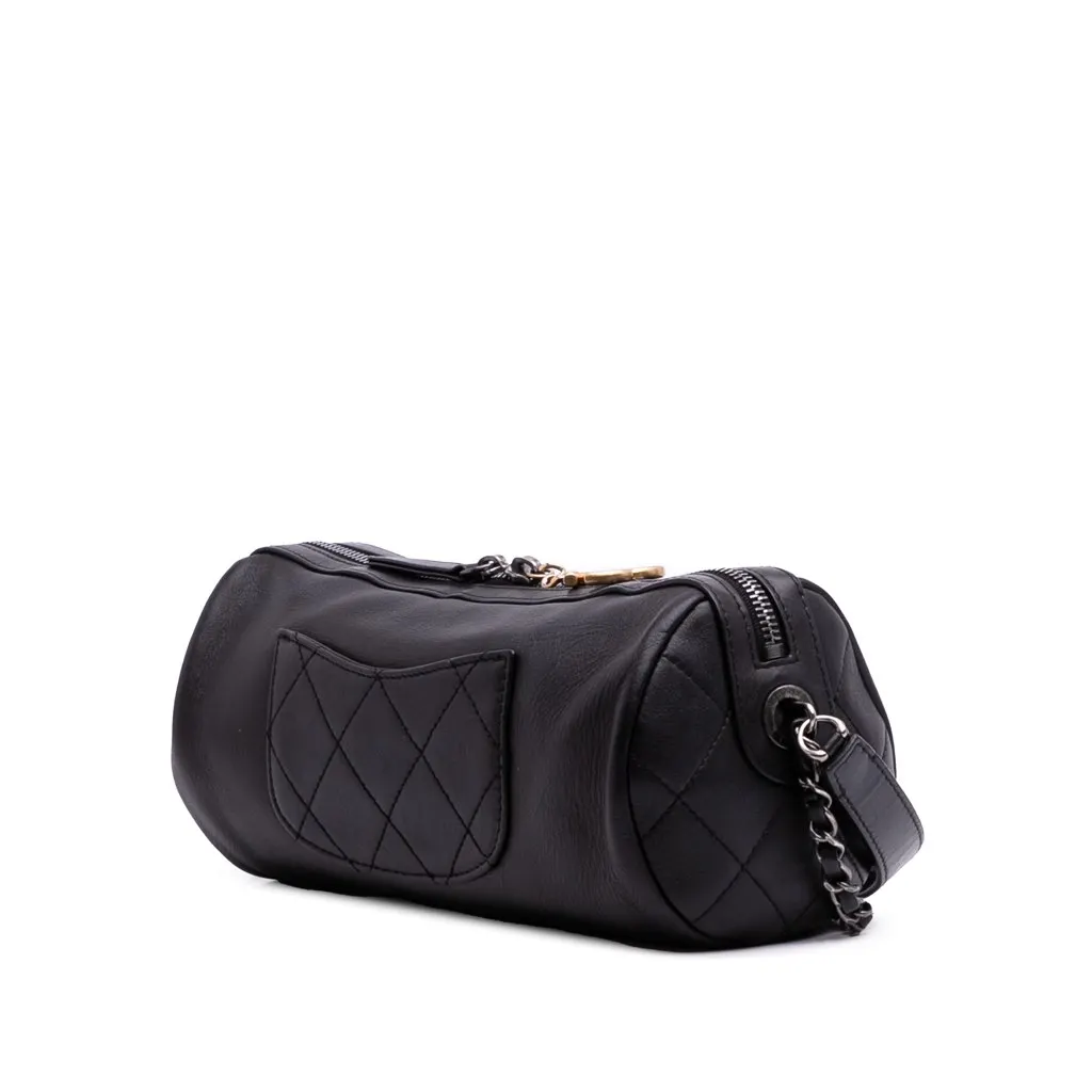 Chanel Calfskin Signature Chain 20s Bowling Bag Black Leather Good - Back View