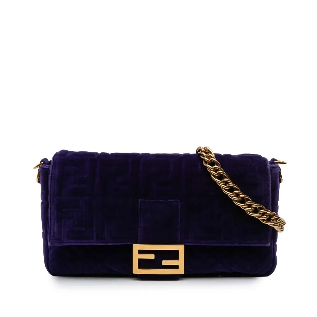 Fendi Large FF Embossed Velvet Baguette Satchel Purple Velvet Good - Front View