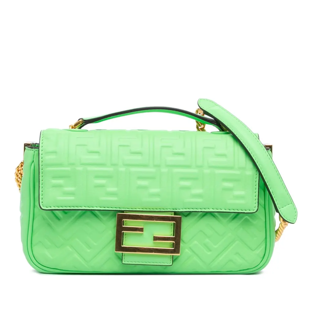 Fendi Zucca Embossed Leather Chain Midi Baguette Green Leather Very good - Front View