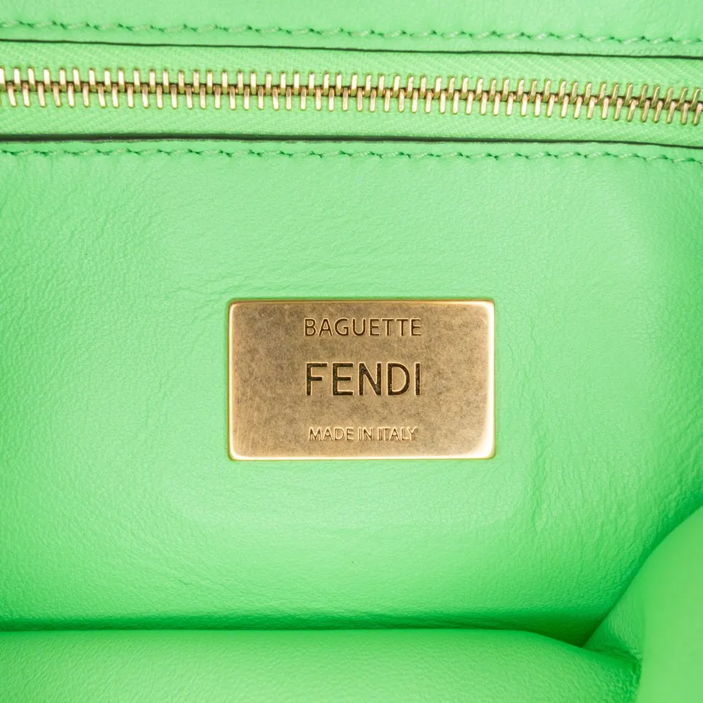 Fendi Zucca Embossed Leather Chain Midi Baguette Green Leather Very good - Box View