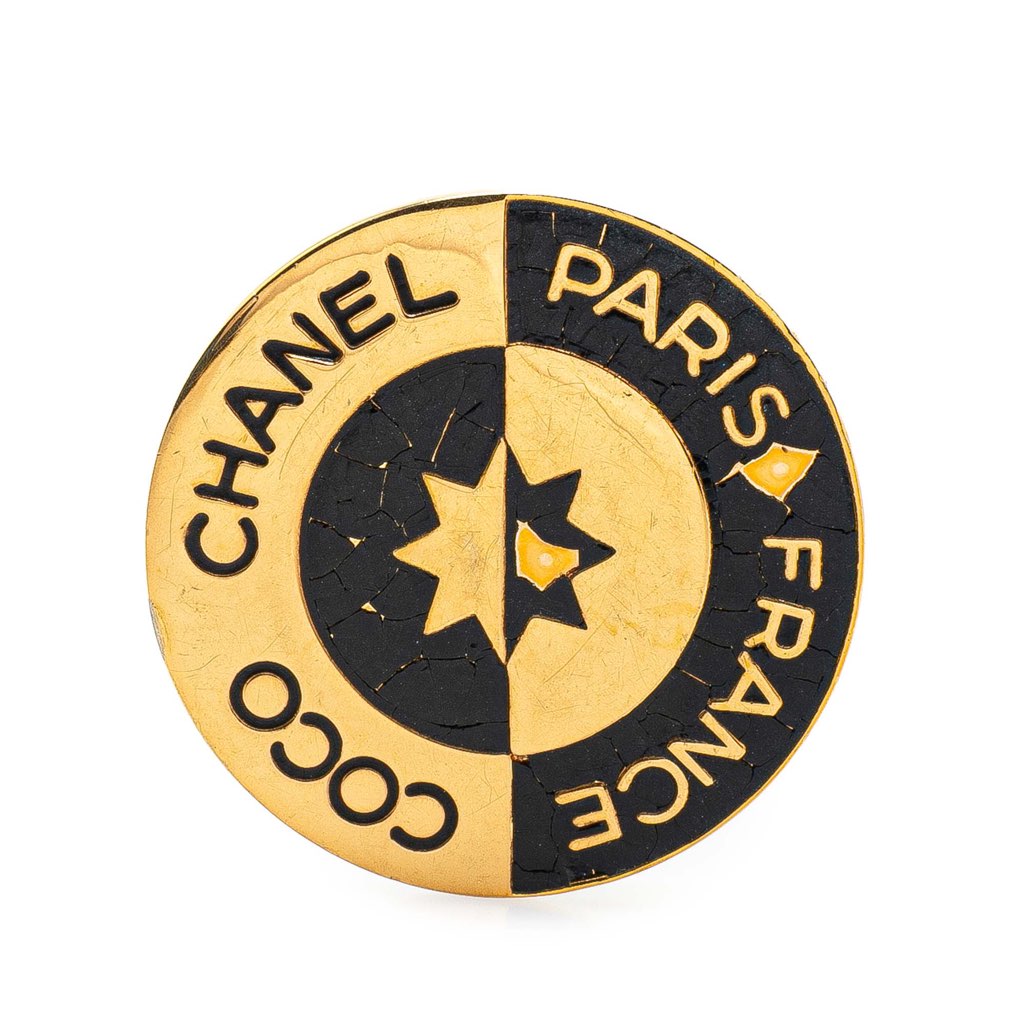 Chanel Gold Plated and Enamel Round Coco Paris Brooch