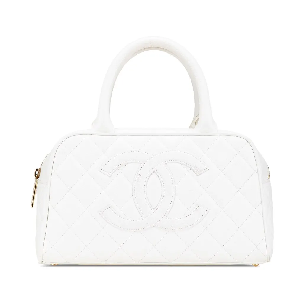 Chanel CC Quilted Caviar Bowling Bag White Leather Good - Front View