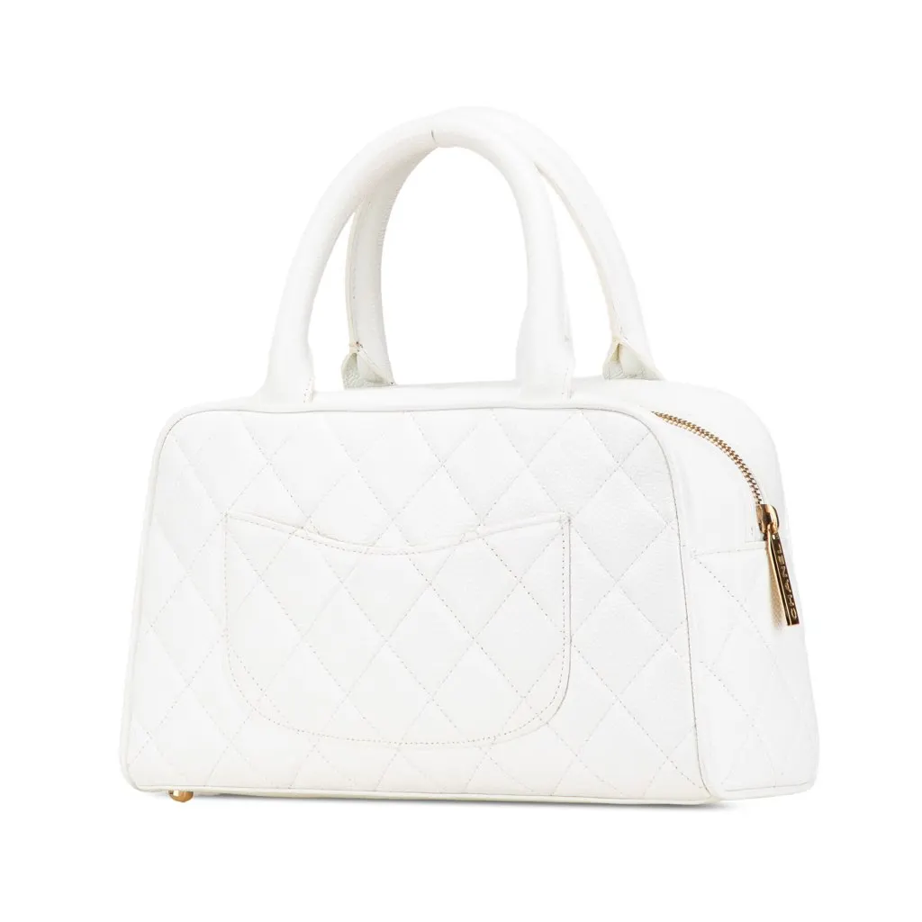 Chanel CC Quilted Caviar Bowling Bag White Leather Good - Back View