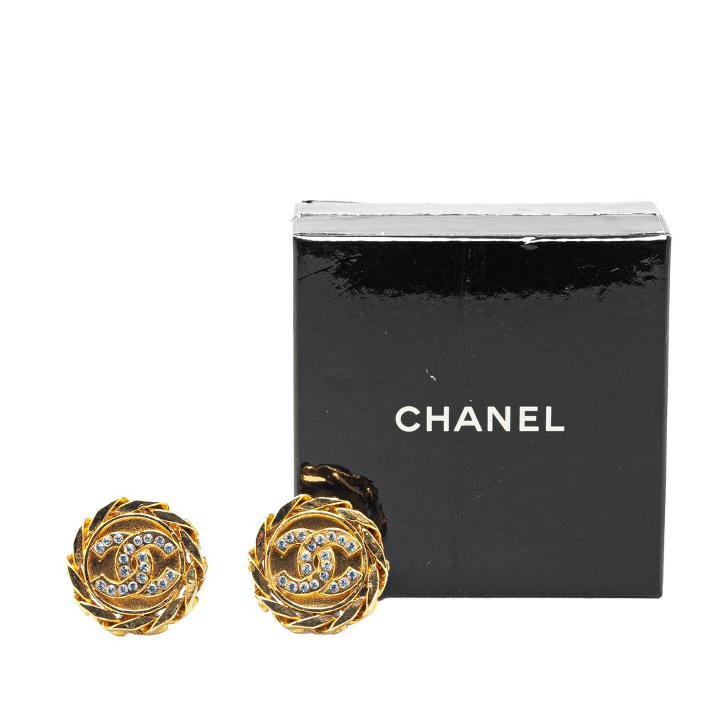 Chanel Gold Plated CC Rhinestones Clip on Earrings - 4