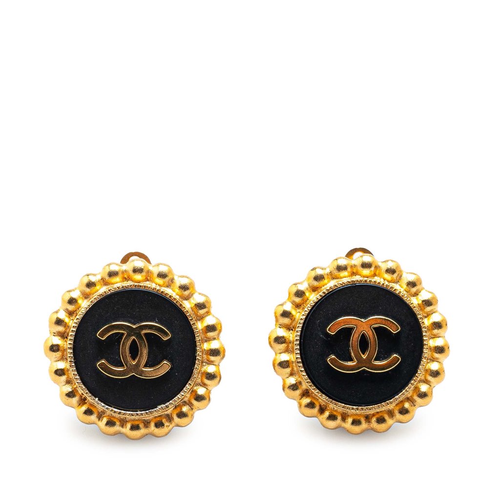 Chanel Gold Plated Acrylic CC Button Clip On Earrings