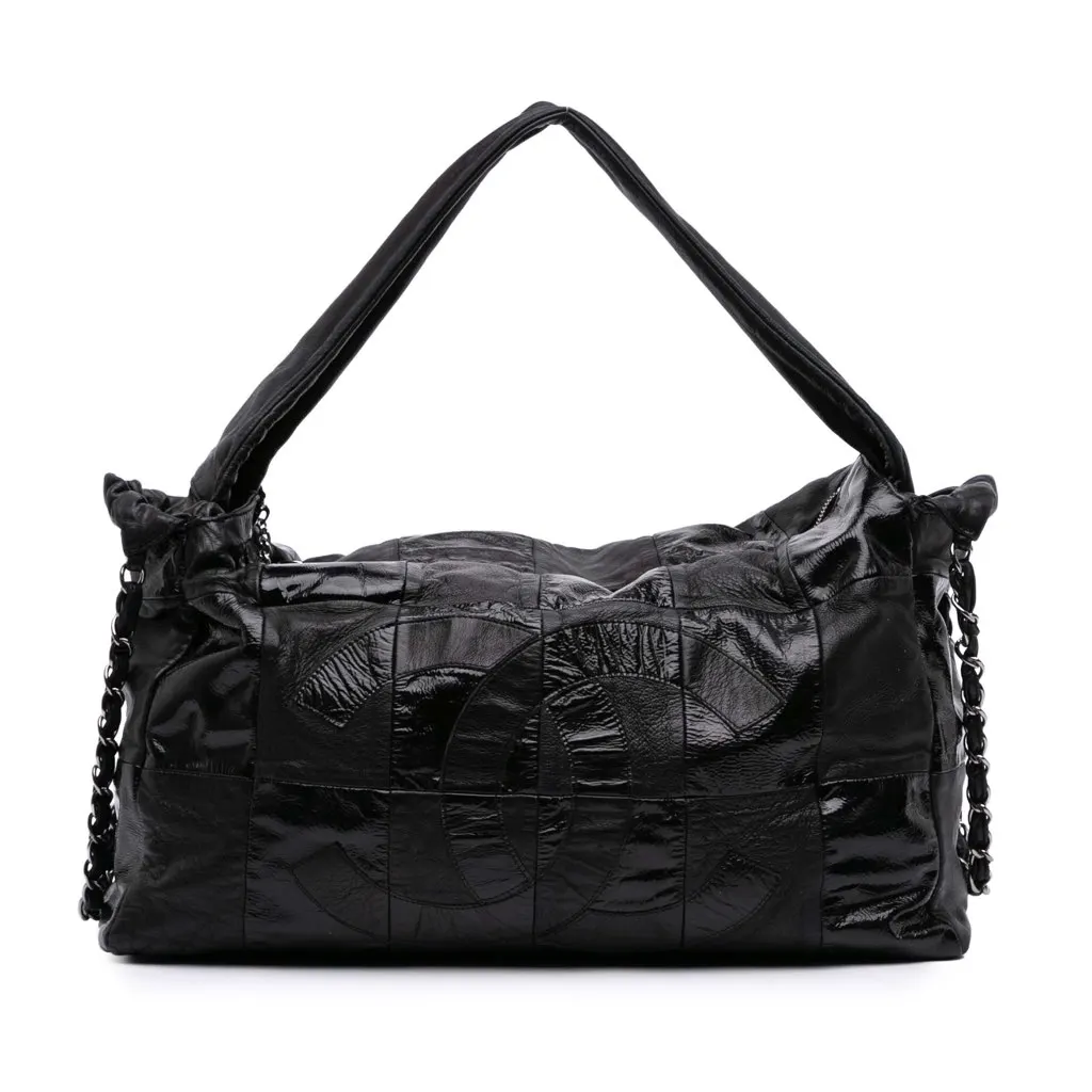Chanel Lambskin and Patent Brooklyn Patchwork Hobo Bag Black Leather Good - Front View