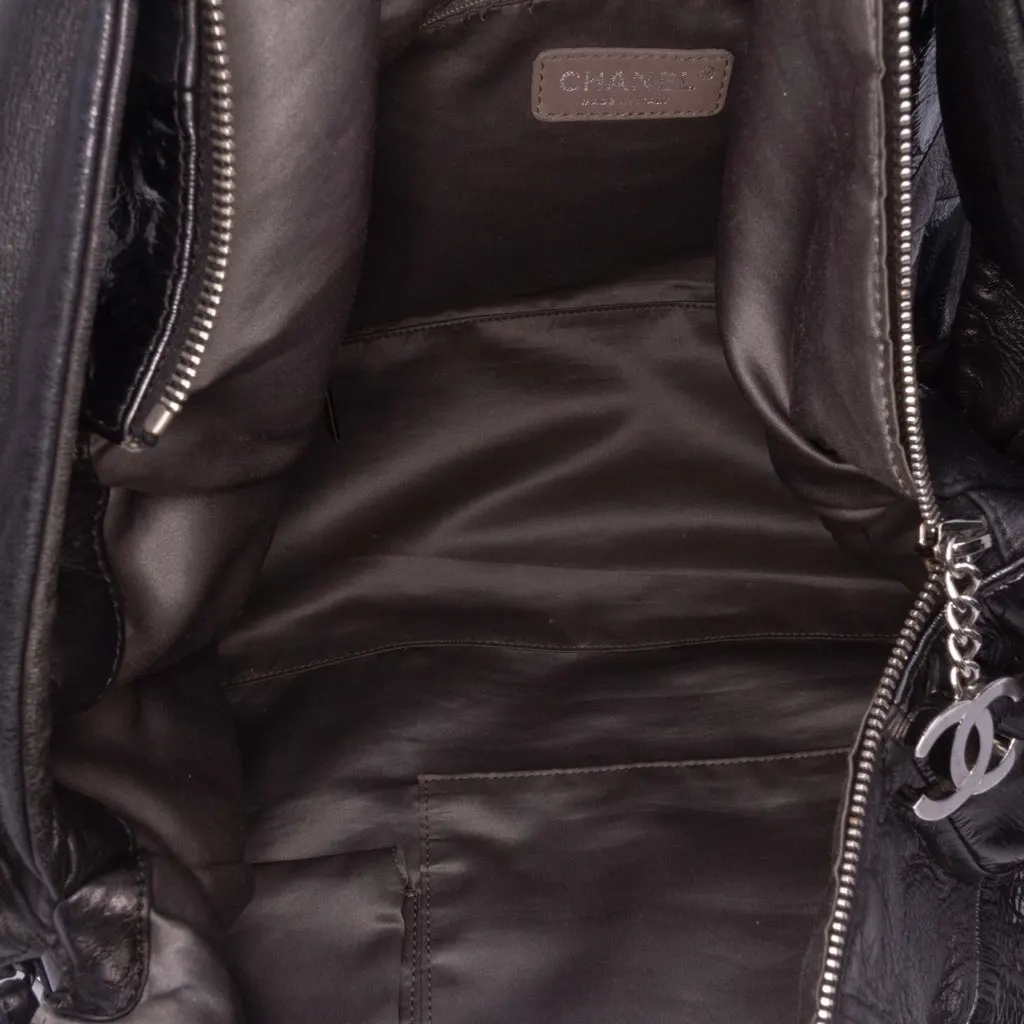 Chanel Lambskin and Patent Brooklyn Patchwork Hobo Bag Black Leather Good - Model View
