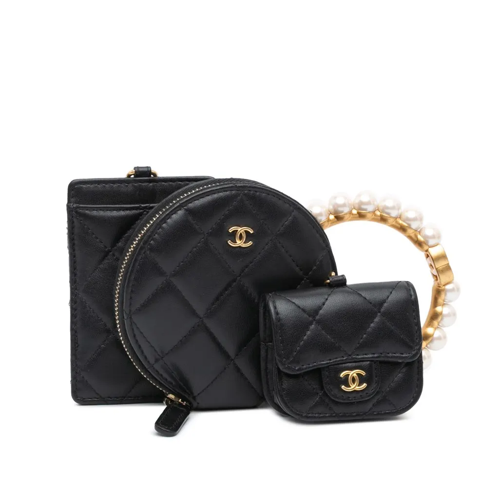 Chanel Lambskin Pearl Crown CC Wristlet Multi Pouches Black Leather Good - Front View
