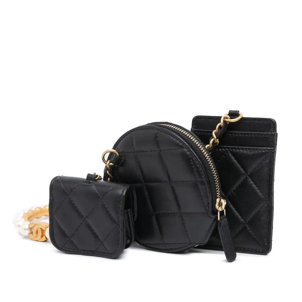 Chanel Lambskin Pearl Crown CC Wristlet Multi Pouches Black Leather Good - Back View