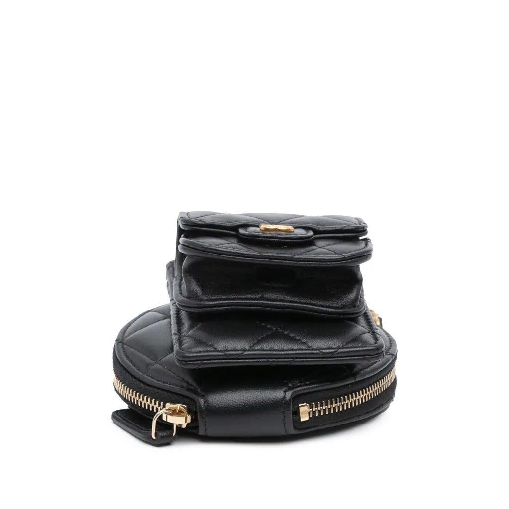 Chanel Lambskin Pearl Crown CC Wristlet Multi Pouches Black Leather Good - Inside View