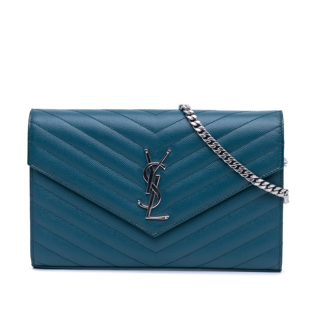 Saint Laurent Grain De Poudre Matelasse Chevron Monogram Chain Wallet