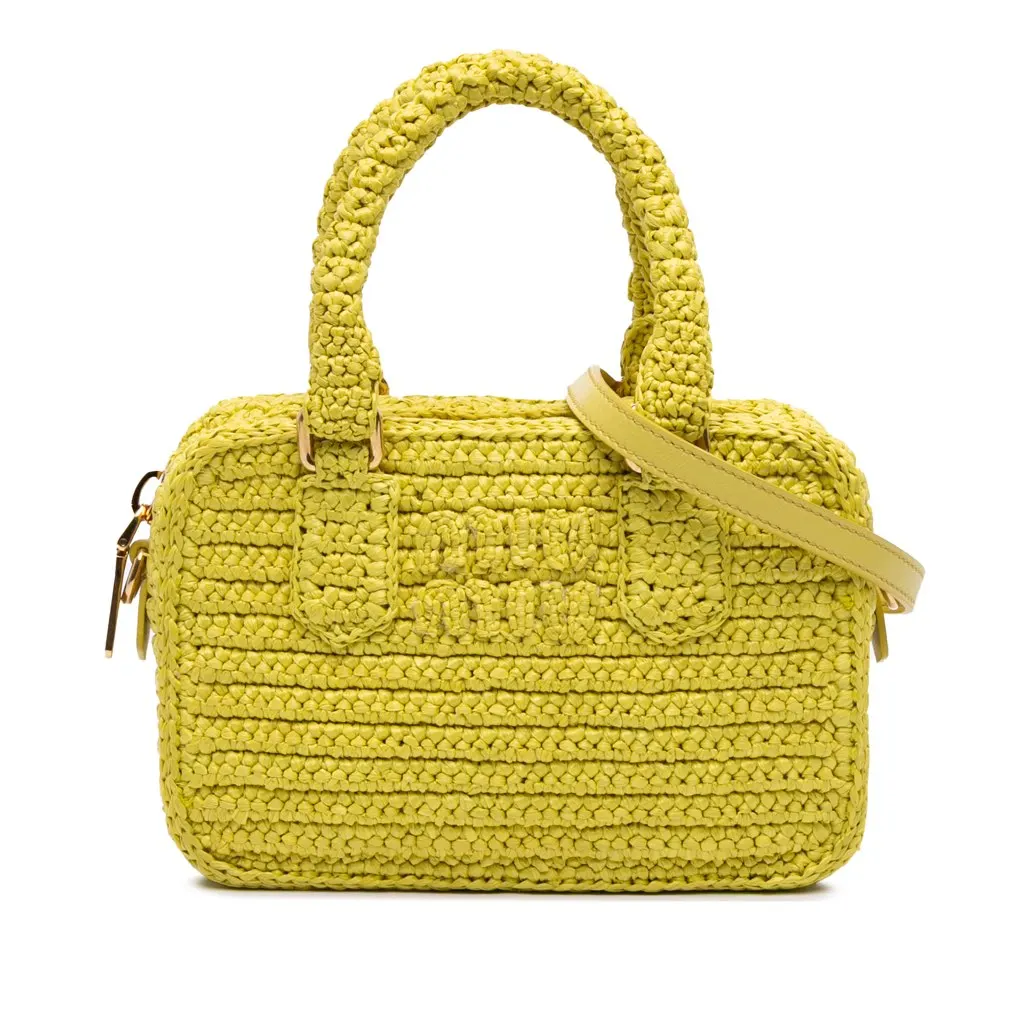 Miu Miu Raffia Crochet Arcadie Top Handle Bag Yellow Very good - Front View