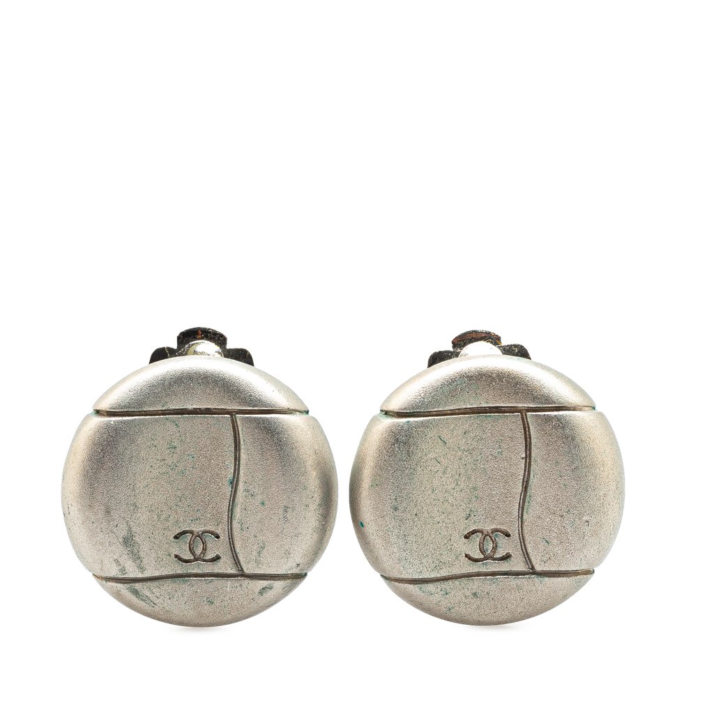 Chanel Silver CC Round Clip On Earrings