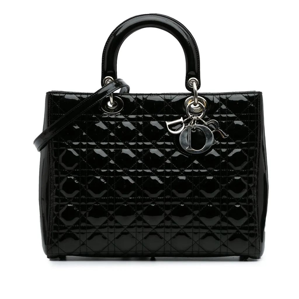 Dior Large Patent Cannage Lady Dior Black Leather Fair - Front View