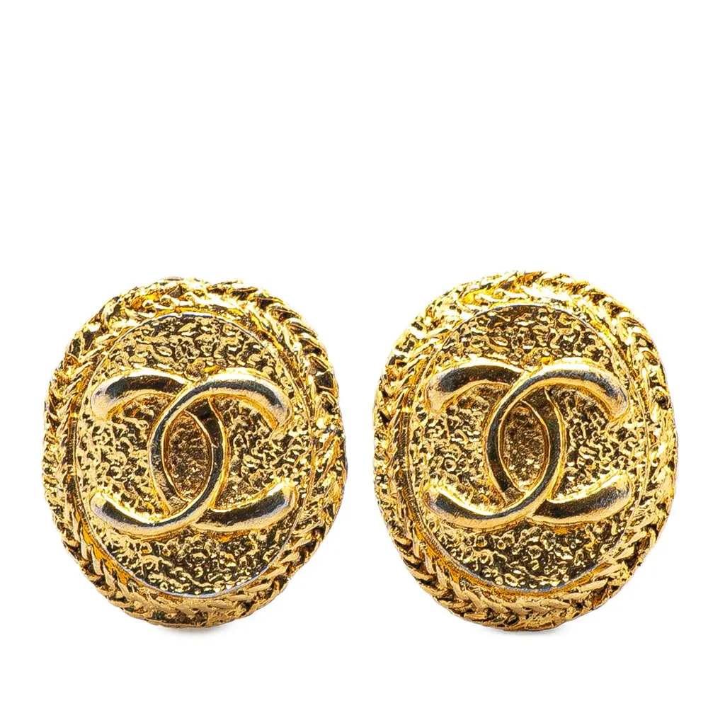Chanel Gold Plated CC Round Clip On Earrings Gold Metal Good - Front View