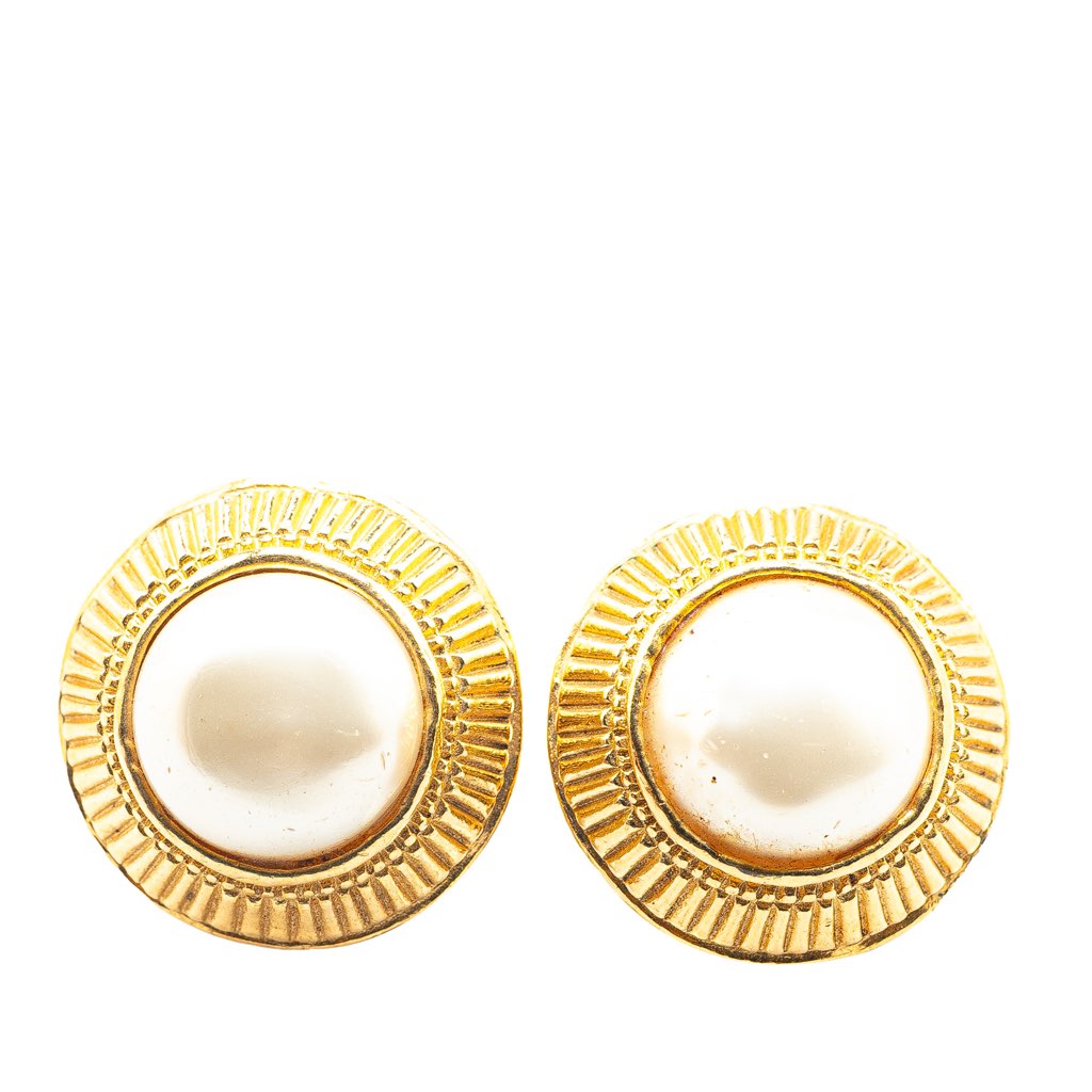 Chanel Gold Plated Round Faux Pearl Clip on Earrings